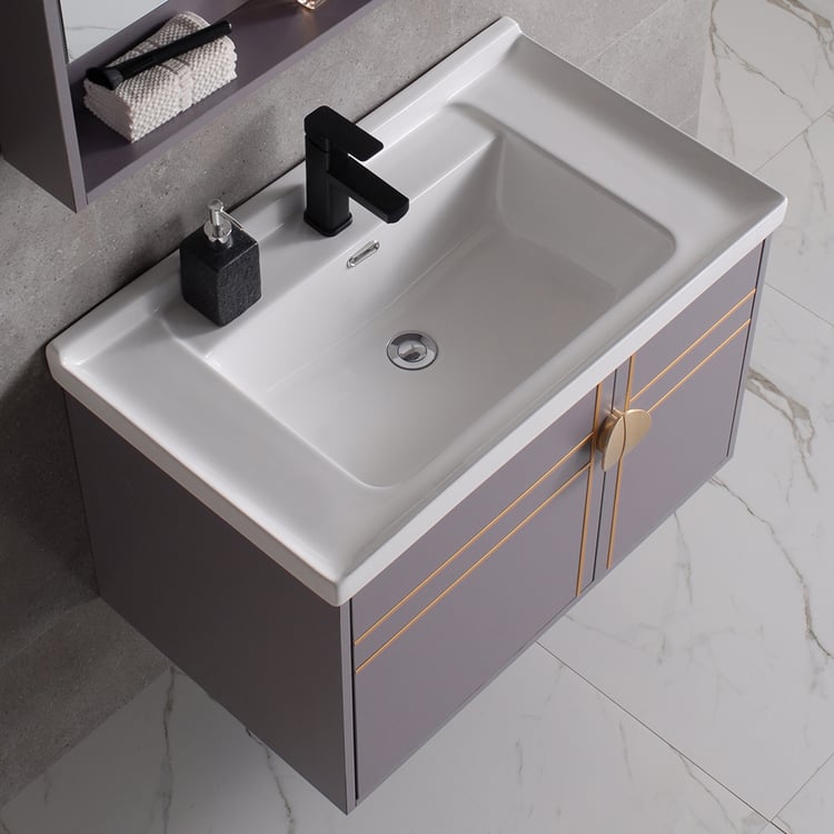 Purple Floating Bathroom Vanity Wall Mounted 31" Ceramic Single Sink ...