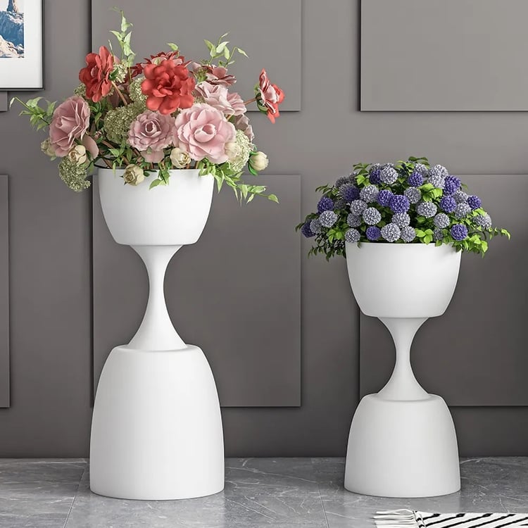 Modern White Plant Pots Hourglass Indoor Planter Metal Set of 2Homary