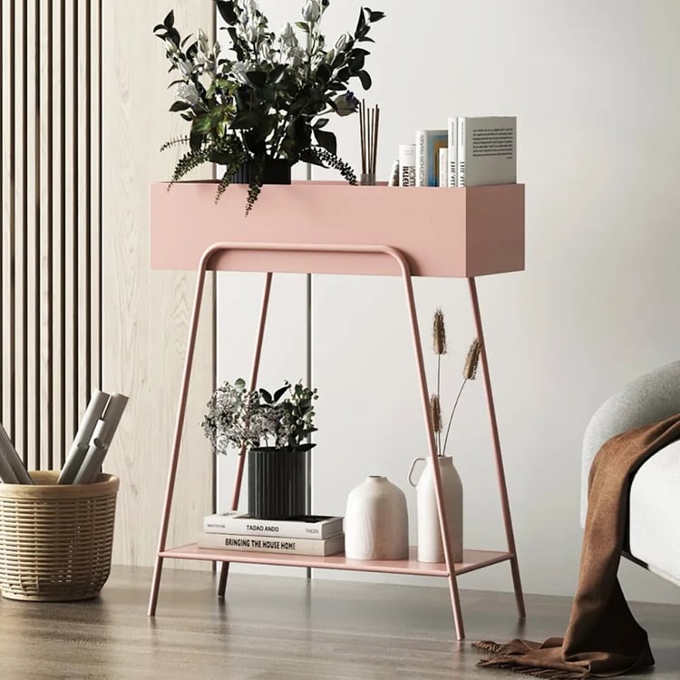 Pink Rectangular 2-Tier Plant Stand Indoors Display Shelf Storage Shelving  MetalHomary