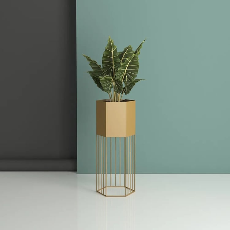 Gold kleiner 1-teiliger sechseckiger Blumentopf Ständer für Wohnzimmer, Metalldraht-Sockel｜Homary DE
