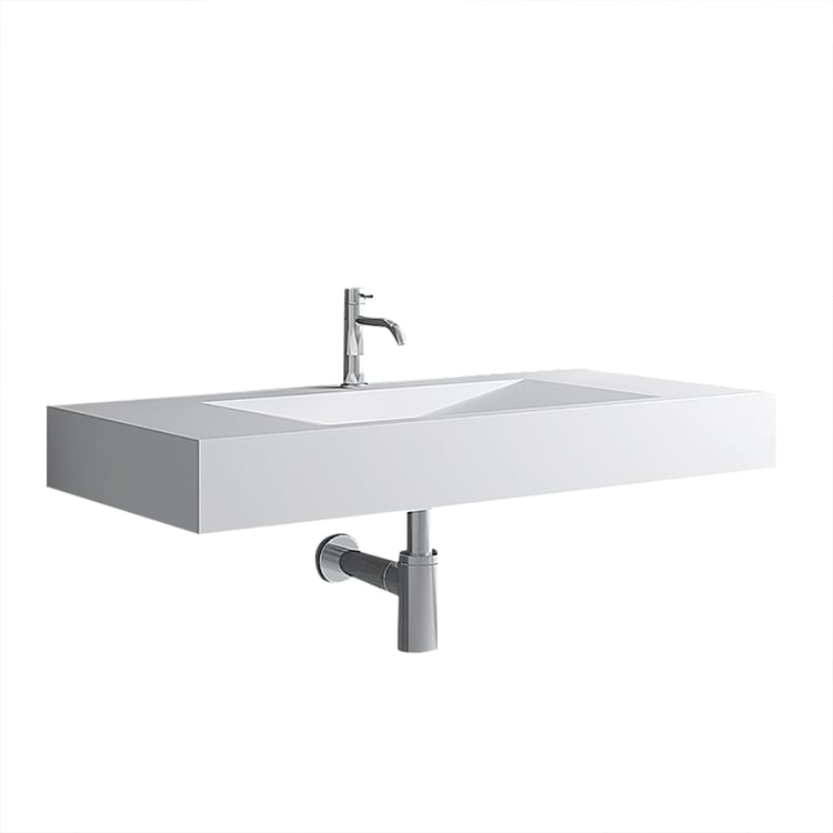 Weibath 35" Wall-Mount Vessel Bathroom Sink - Stone Resin, Matte White, V-Shaped Modern Design