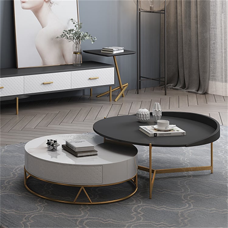 Round Nesting Coffee Table with Storage Rotatable Drawers Wood in White ...