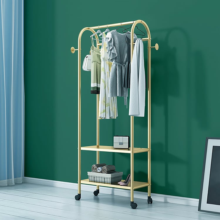 1600mm Gold Metal Cloth Rack with 2-Tier Shelve Practical Wheels｜Homary AU