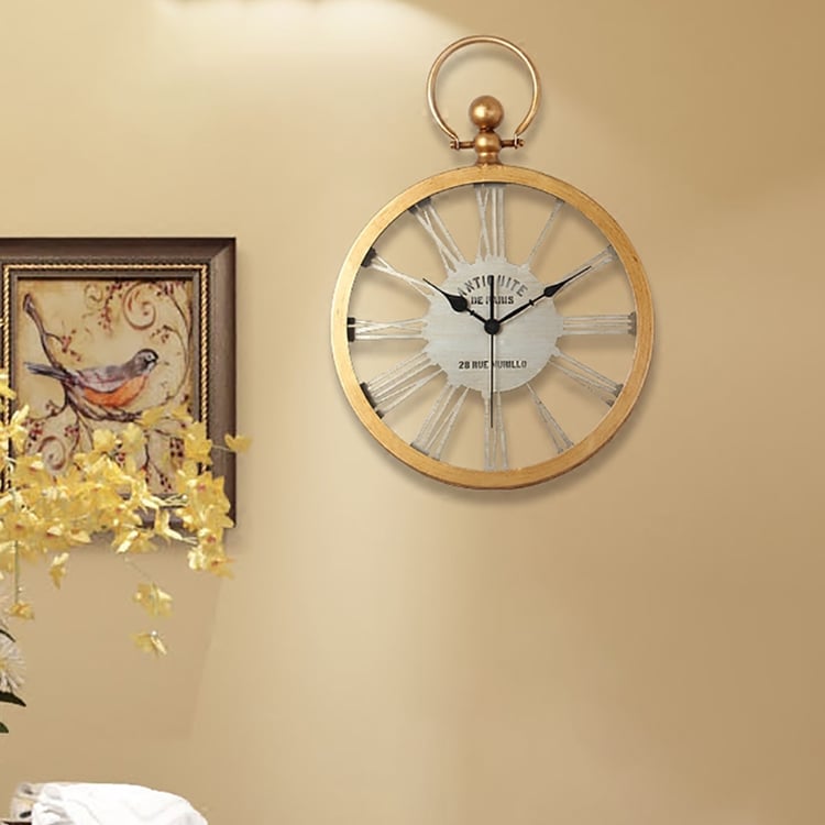 Retro Golden Round Frame Wall Clock with Built-in LED Light｜Homary
