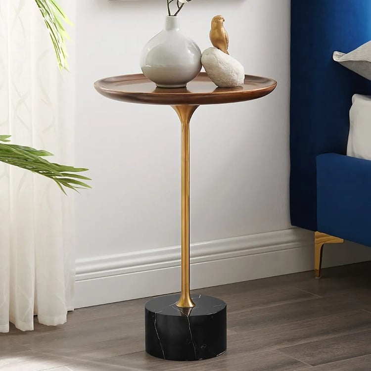Round Black Marble End Table Walnut Living Room｜Homary