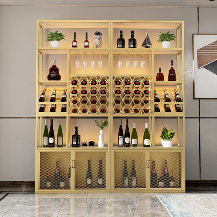 Industrial Gold Contemporary Standing Wine Rack with Glass Rack-B|Homary