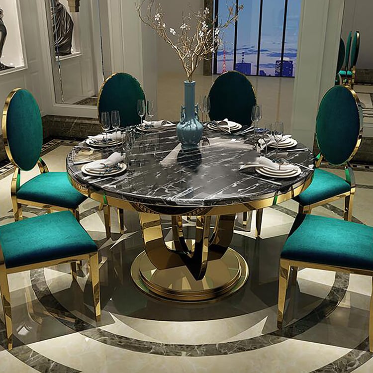 Modern Round Dining Table Faux Marble Top Stainless