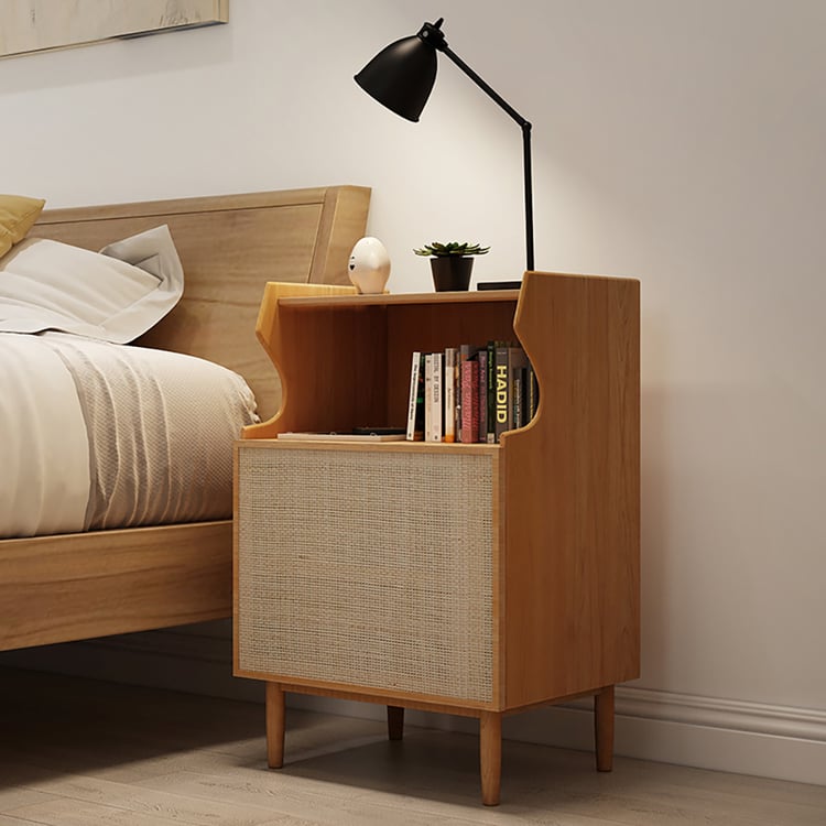 Japandi Nightstand 1-Shelf Wooden Bedside Table with Rattan Woven