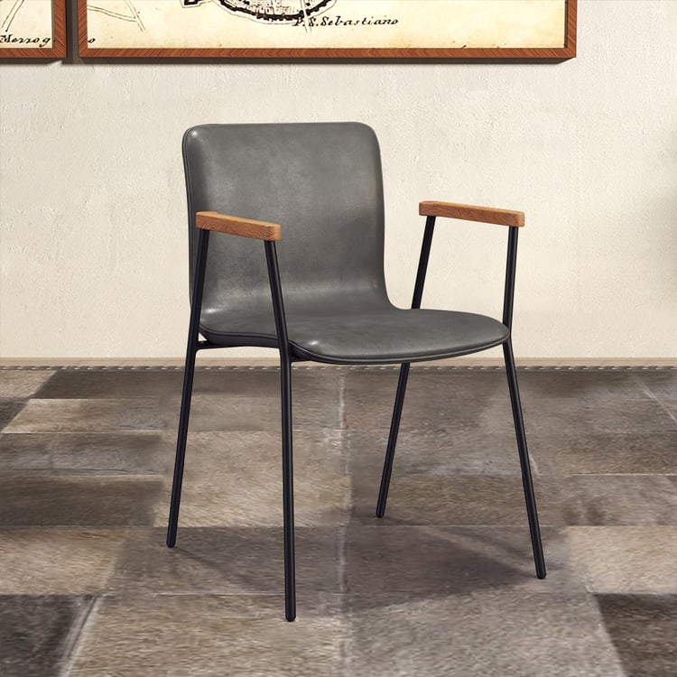 Industrial Gray Dining Chair Upholstered Arm Chair PU-Leather Set