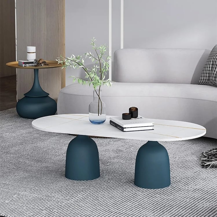 Modern Blue Oval Coffee Table with Marble Tabletop｜Homary