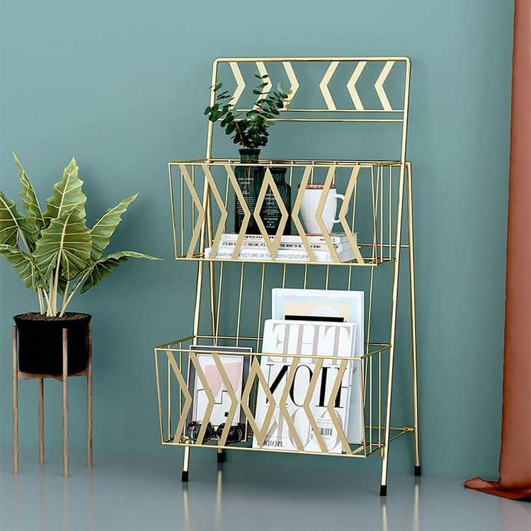Two Tier Magazine Rack Gold 2-Tier Shelf Metal Magazine Rack|Homary