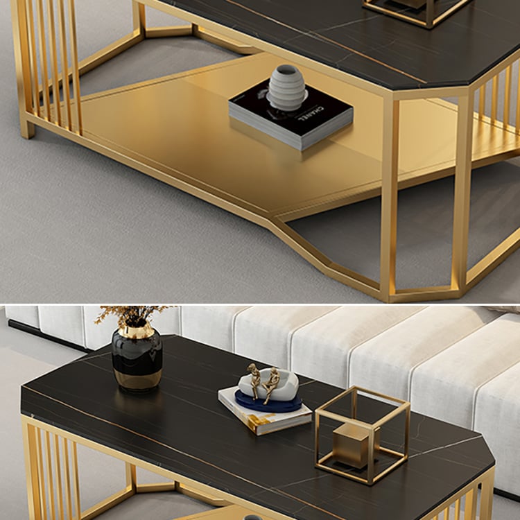 Black 2-Tiered Coffee Table with Sintered Stone Top & Metal
