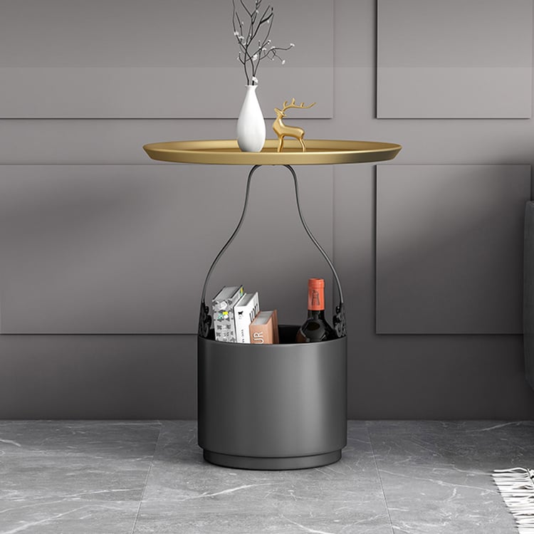 Modern Round End Table with Storage in Metal Side Table in Black｜Homary