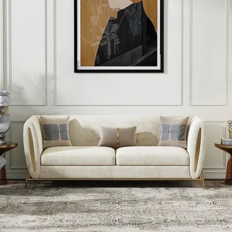 Beige Samt gepolstertes Sofa 3-Sitzer-Sofa Luxus-Sofa Massivholz-Rahmen mit goldenen Beinen｜Homary DE