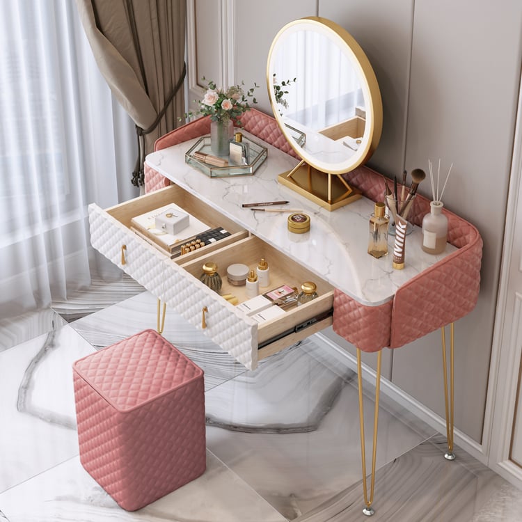 strapless open back dress Pink Velvet Upholstered Makeup Vanity Table with Mirror Dressing Table with  Stool Large