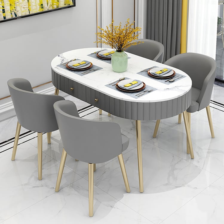Grey Oval Dining Table with Drawer Marble Top Metal Legs｜Homary UK