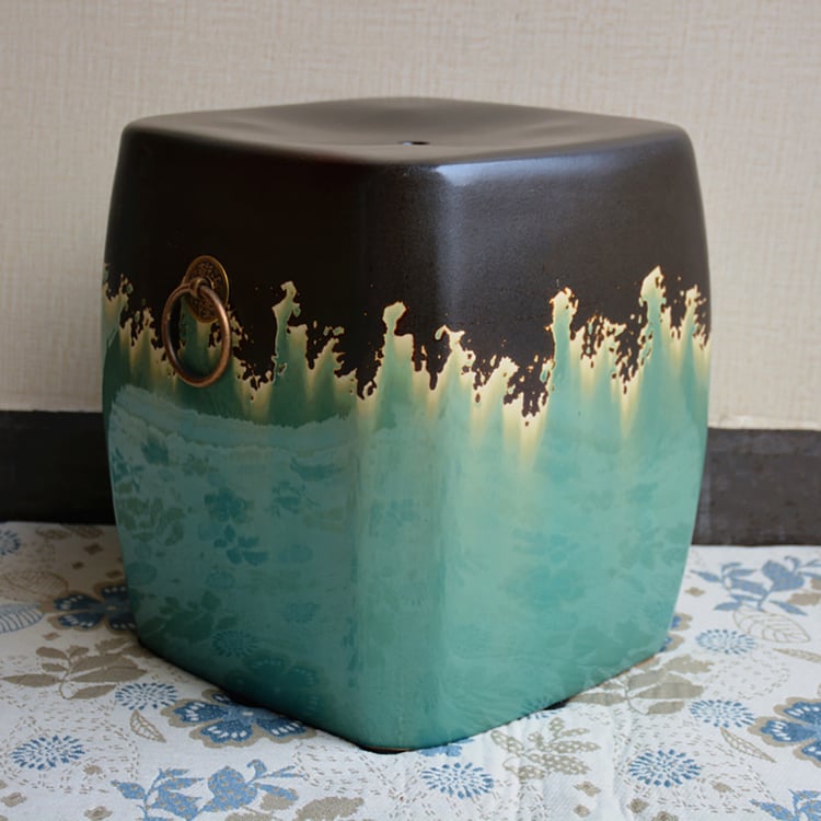 Ceramic Garden Stool Square Shape End Table Black & Green｜Homary UK