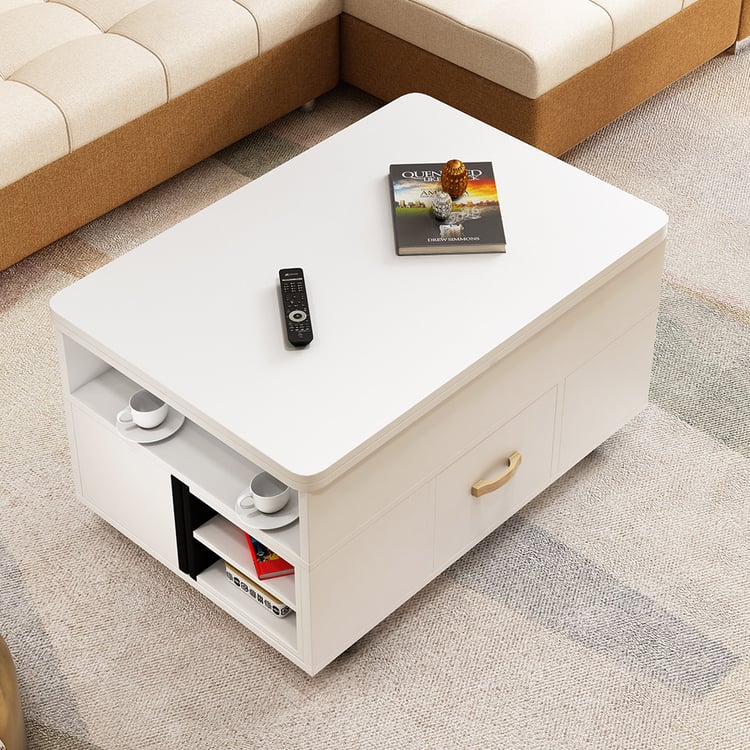 Vintage Lift Top Couchtisch-Set mit Stauraum und Hockern, ausziehbar in Weiß|Homary DE