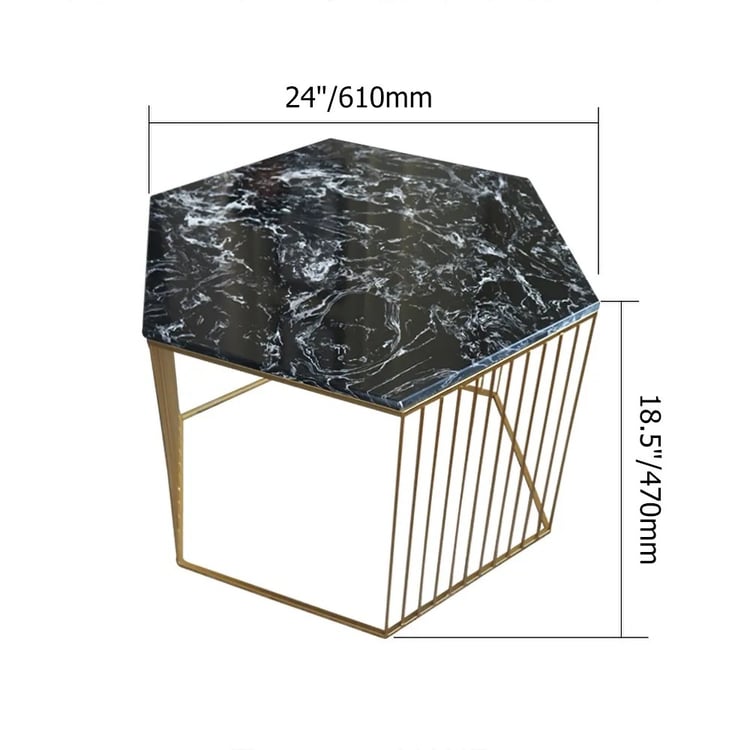 White Haxegon End Table with Marble Top Metal Base Side Table｜Homary