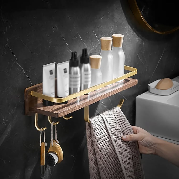 Walnut Bathroom Wall Mounted Towel Rack with Hooks Shelving