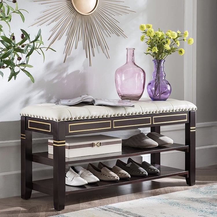 1000mm White Modern Storage Bench Shoe Rack with Faux Leather