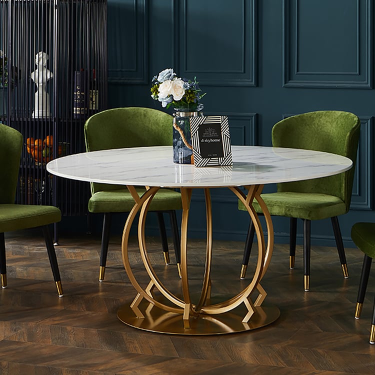 Round Dining Table with Marble Top Metal Frame in White