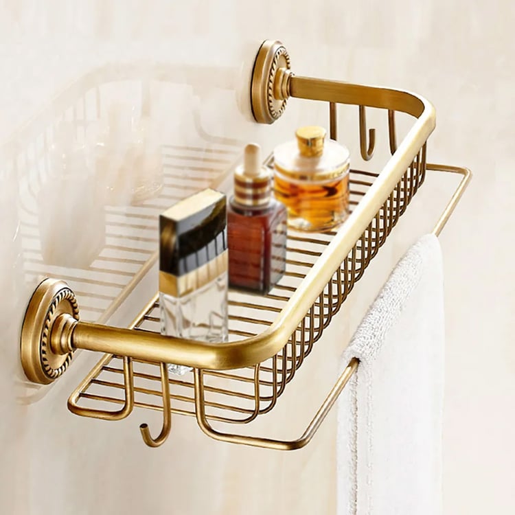 Retro Bathroom Wall Towel Rail with Storage Basket & Hooks｜Homary