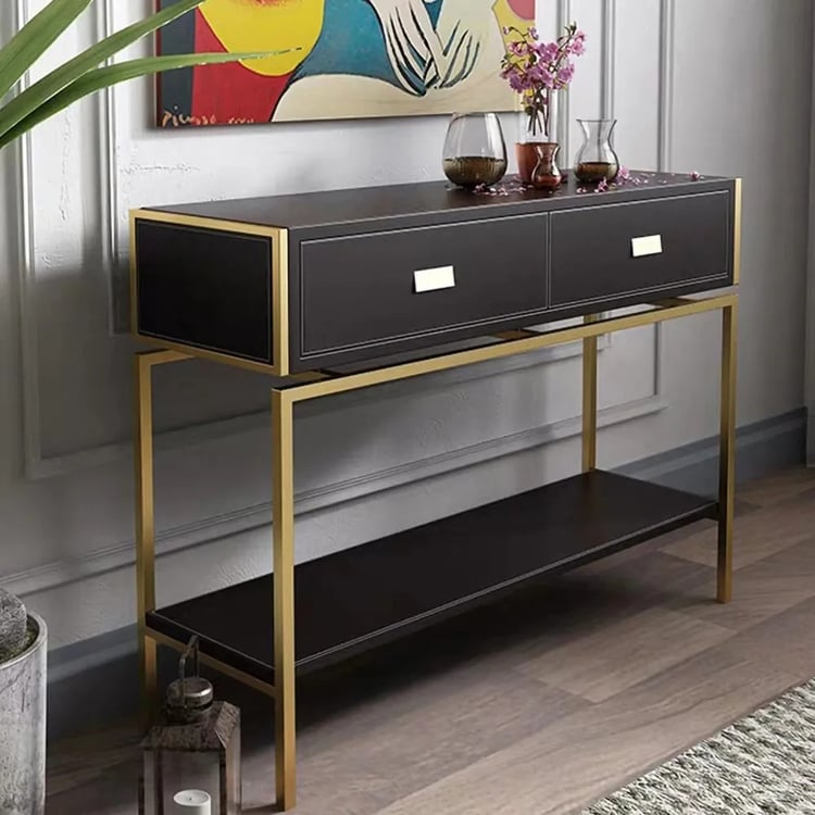Modern Console Table with Drawers & Shelf Wooden Top Black｜Homary