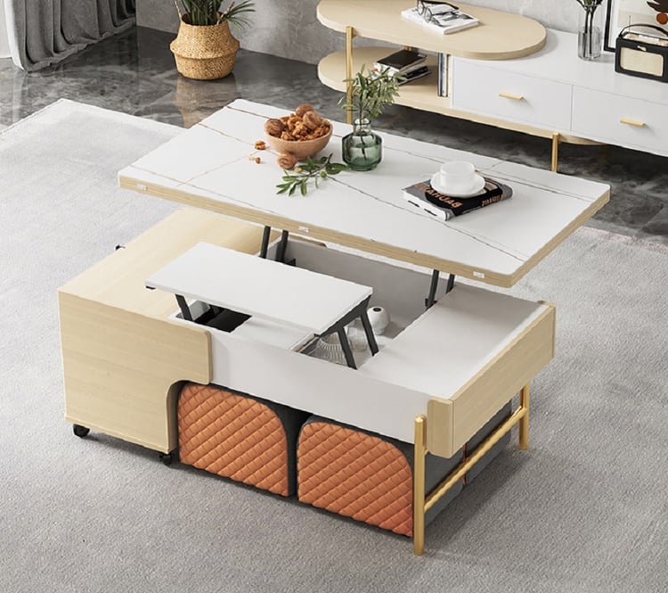 White Lift Top Convertible Coffee Table with Storage & Drawer Ottoman