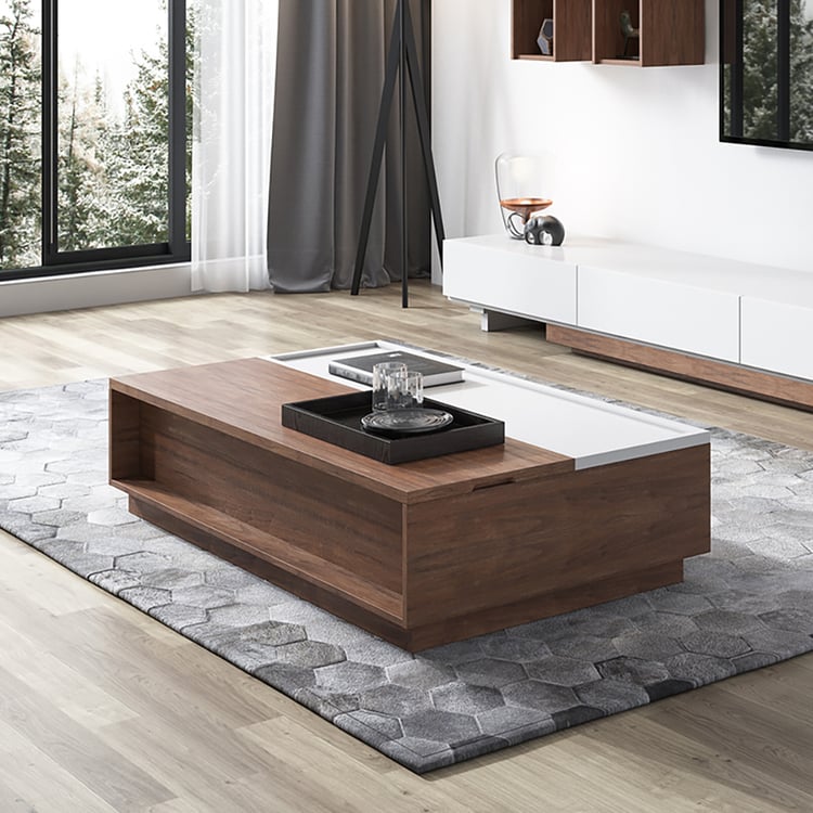 Walnut Contemporary Lift Top Coffee Table with Storage & Drawers｜Homary UK