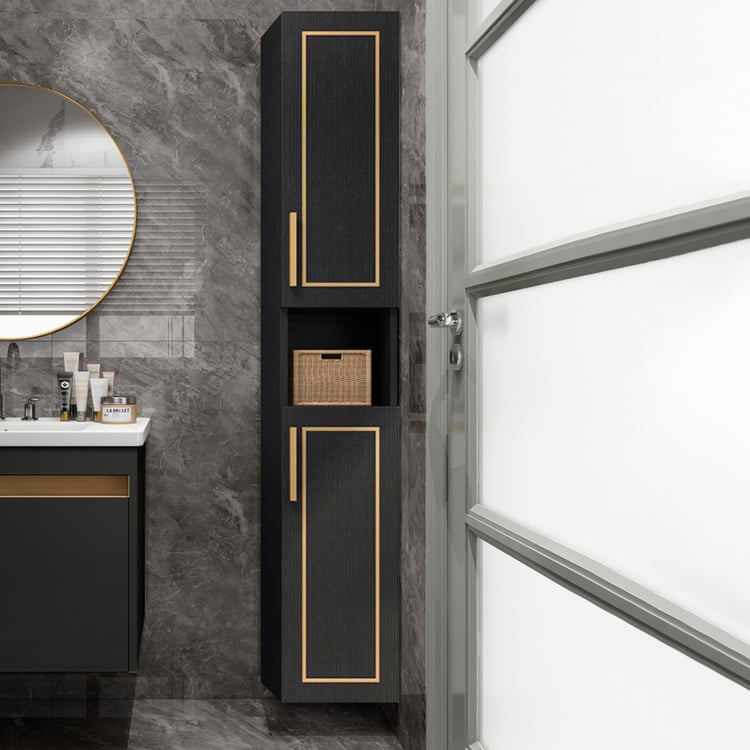 Black Wall Mounted Bathroom Cabinet Linen Storage Organizer with Doors ...