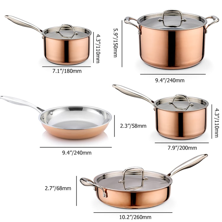 9 Pieces Tri-Ply Bonded Copper Cookware Set Food-grade Stainless 9 Pieces Tri-Ply Bonded Copper Cookware Set Food-grade Stainless