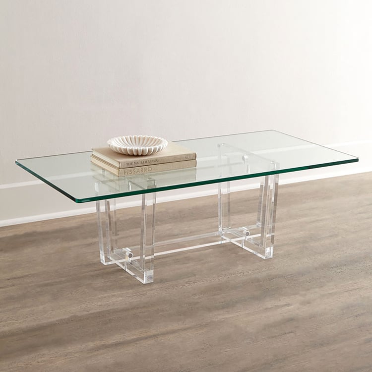 Mesa De Centro Kenia De Cristal Transparente - 100x55x44 Cm, Con Revistero Y Patas De Cristal, Diseño Moderno
