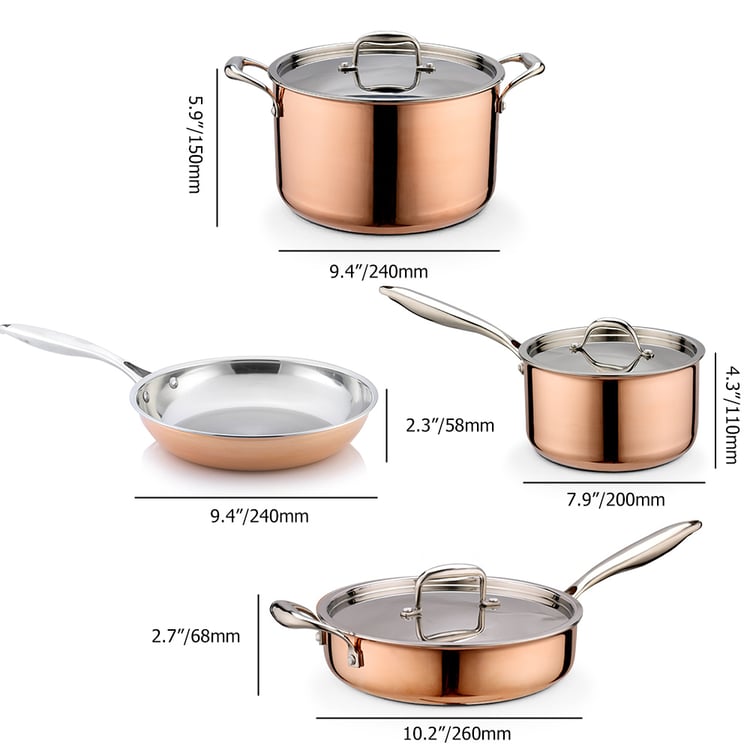 7 Pieces Tri-Ply Bonded Copper Cookware Set Food-grade Stainless