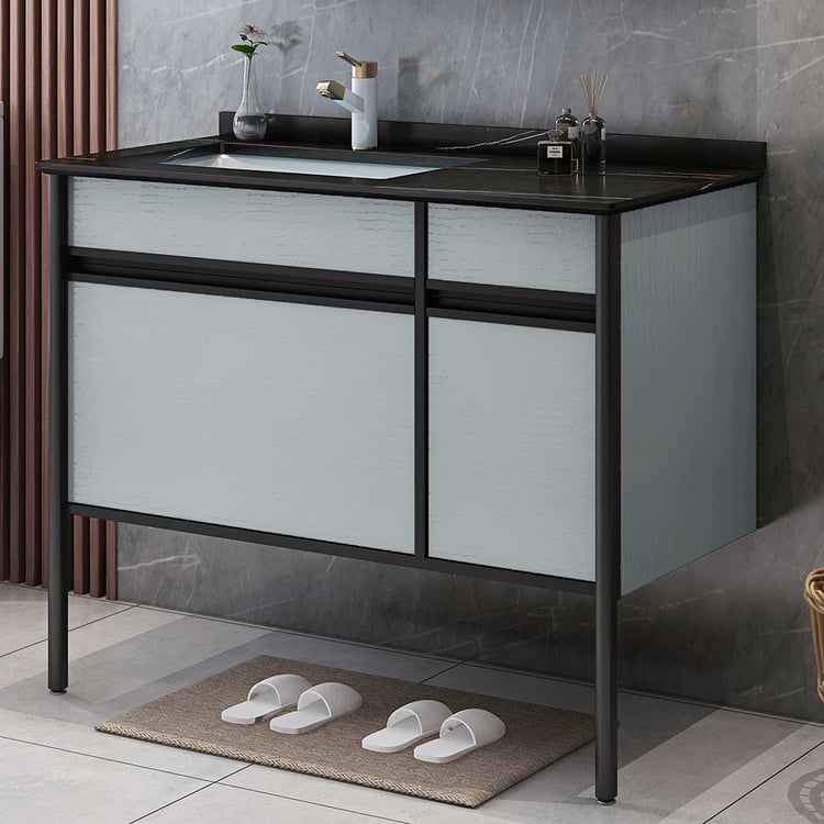 39.4" Freestanding Gray Bathroom Vanity Sintered Stone Top Ceramics ...