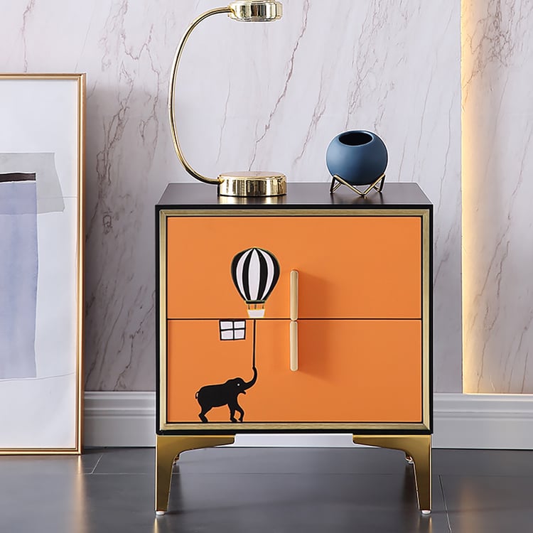 Orange & Black Nightstand with 2 Drawers Contemporary Paint Pattern ...
