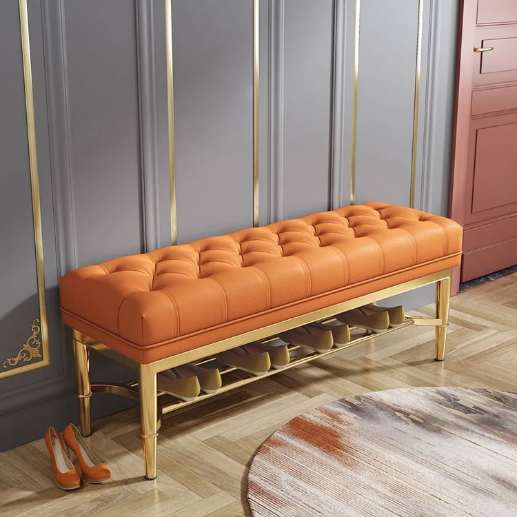 Orange Button Tufted Bench with Shelf Shoe Storage Faux Leather