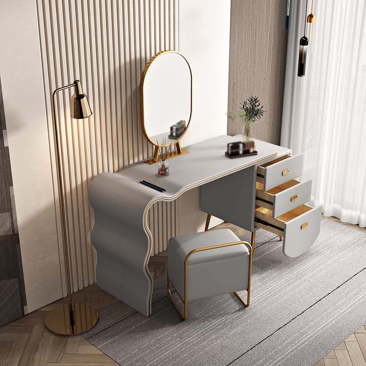 Light Gray Wood and Metal Makeup Vanity Set with Mirror and Stool