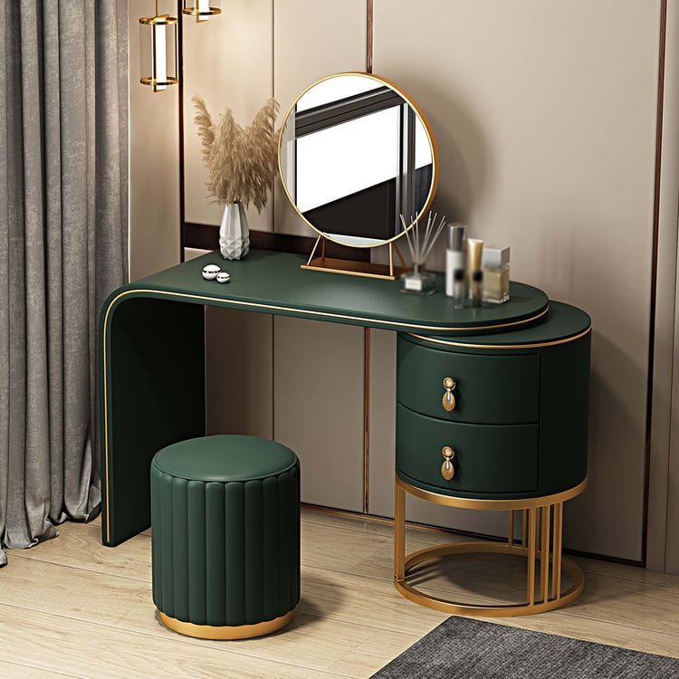 Green Faux Leather Makeup Vanity Set with Mirror and StoolHomary