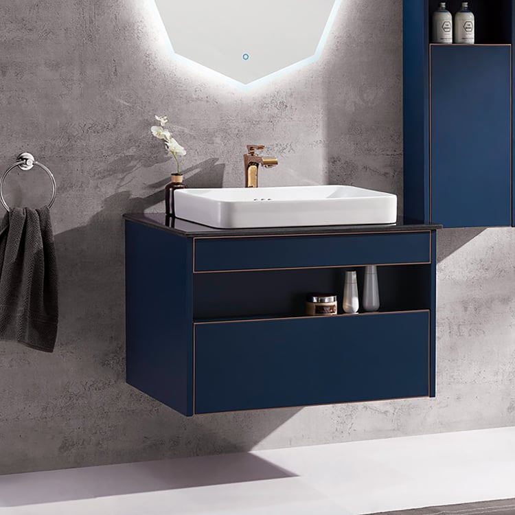 Modern Blue Floating Bathroom Vanity Marble Top Ceramics Vessel with 1 ...