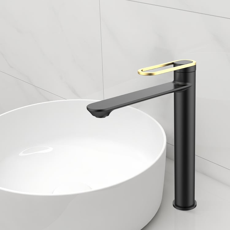 Robinet Mitigeur De Salle De Bain Noir Avec Finition Dorée - À Levier Unique, En Laiton, Pour Lavabo De Comptoir - Design Creux Et Moderne - 10