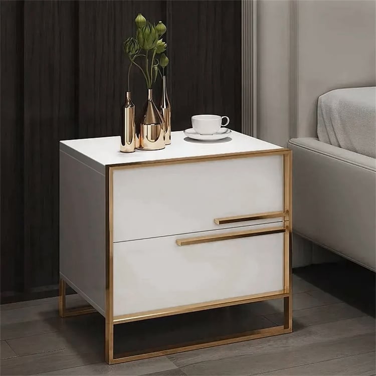 Minimalist Design Nightstand with 2 Drawers with Gold Base Set of 2