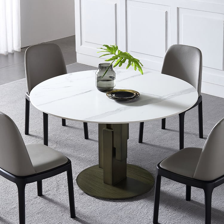 Modern Round Dining Table with White Sintered Stone Top & Carbon Steel ...