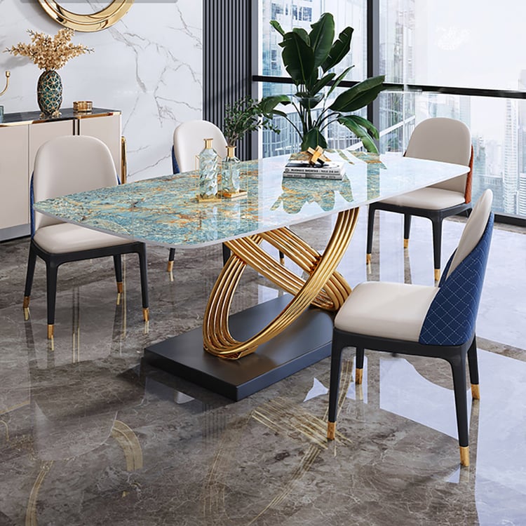 Modern Rectangular Dining Table Sintered Stone Top with Gold Stainless ...