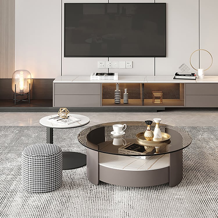 Modern Round Nesting Coffee Table Set Tempered Glass