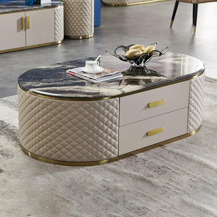 1300mm moderner ovaler schwarzer Marmorleder-Polster-Couchtisch mit Schubladen｜Homary DE