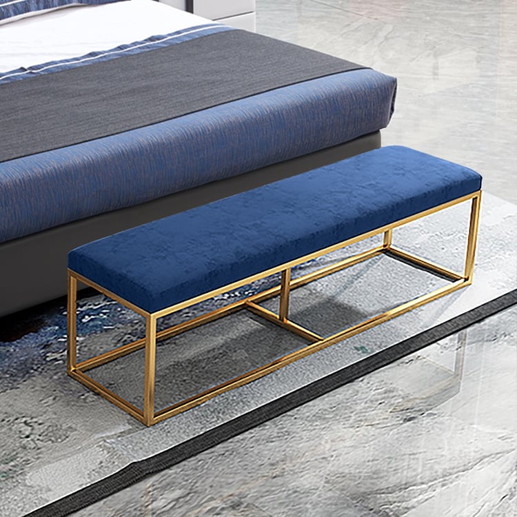Modern Blue Velvet Bedroom Bench with Gold Metal Frame｜Homary