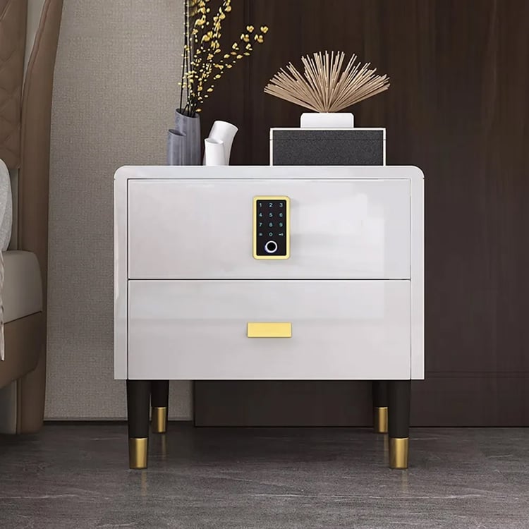 White Nightstand Luxury Intelligent Lock 2 Drawer Lacquered Nightstand Homary