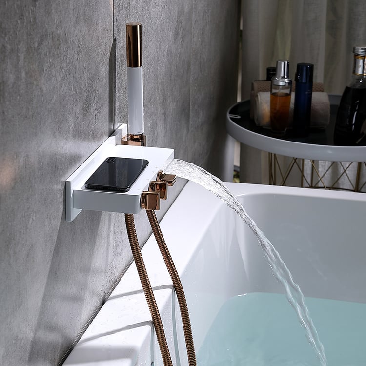 Wall Mounted Waterfall 5-Hole Bath Tap with Handshower Brass White ...
