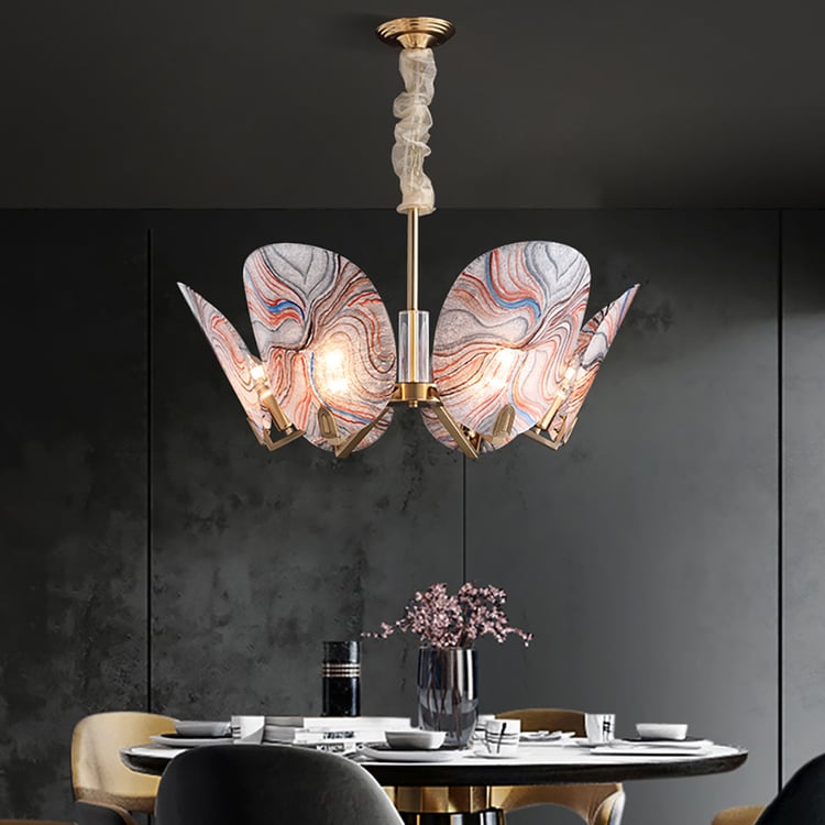 Postmodern 6-Light Enamel Chandelier in Brass with Leaves